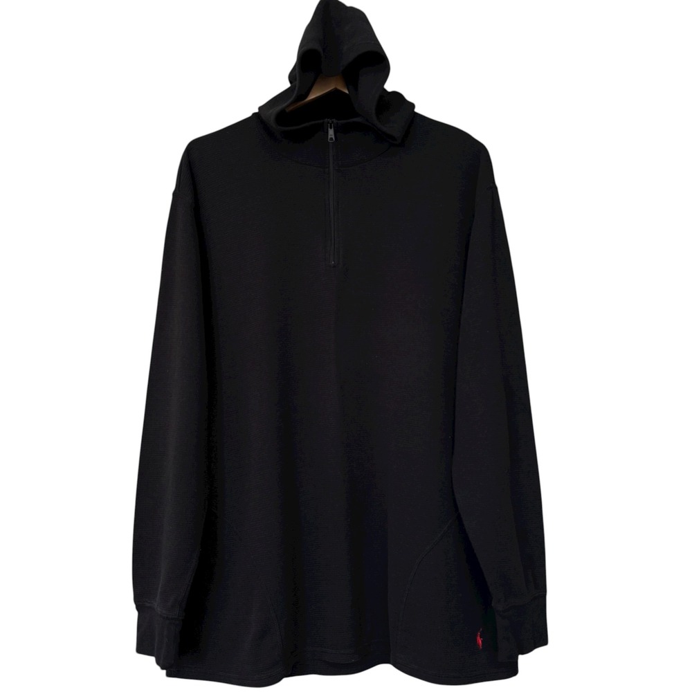 Polo Ralph Lauren Black Waffle Knit 1/4 Zip Long Sleeve Pockets Hoodie Men 2XL